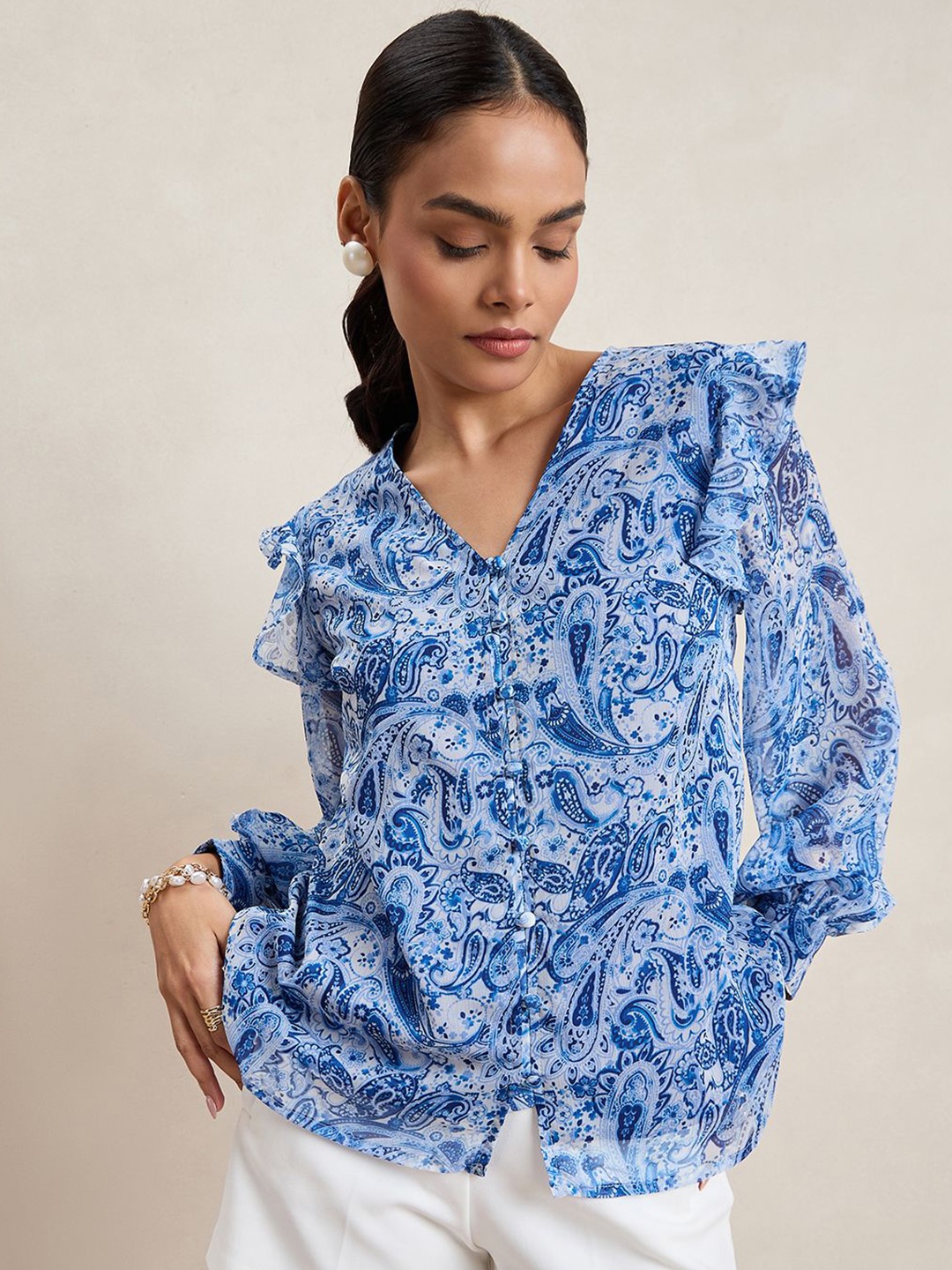 

FEMMELLA Women Paisley Printed Button Down Top, Blue