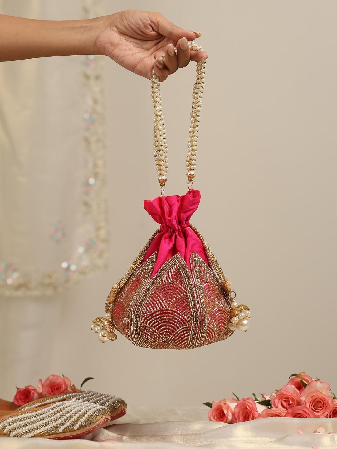 

Swtantra Embroidered Lotus Potli Clutch, Pink