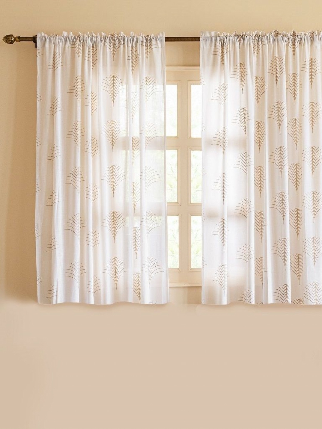 

HOMEMONDE White & Gold-Toned Set of 2 Floral Sheer Window Curtain