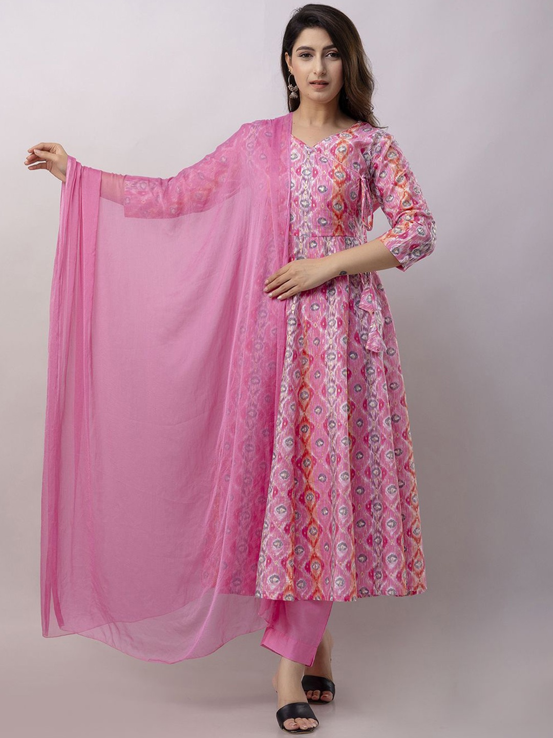 

KALINI Woven Design Pure Silk Angrakha Kurta With Trousers & Dupatta, Pink