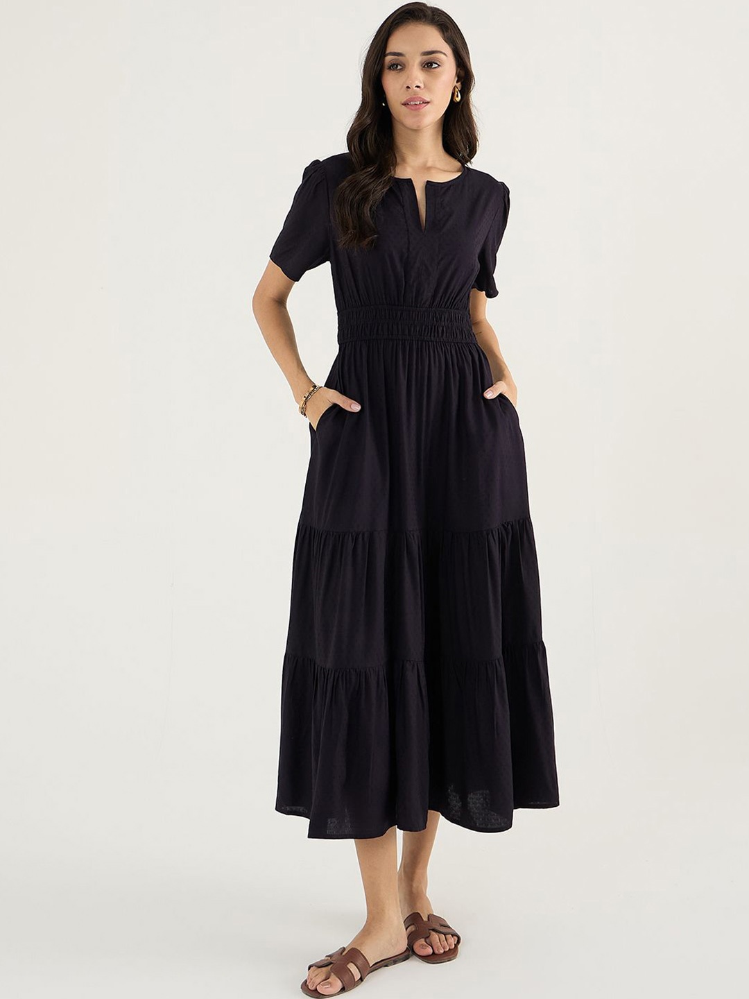 

FEMMELLA Tiered Fit & Flare Midi Dress, Black