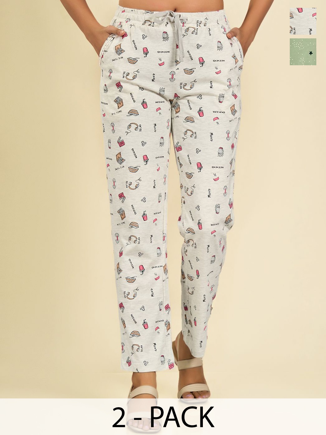 

MAYSIXTY Pack Of 2 Printed Pure Cotton Mid-Rise Lounge Pants, White