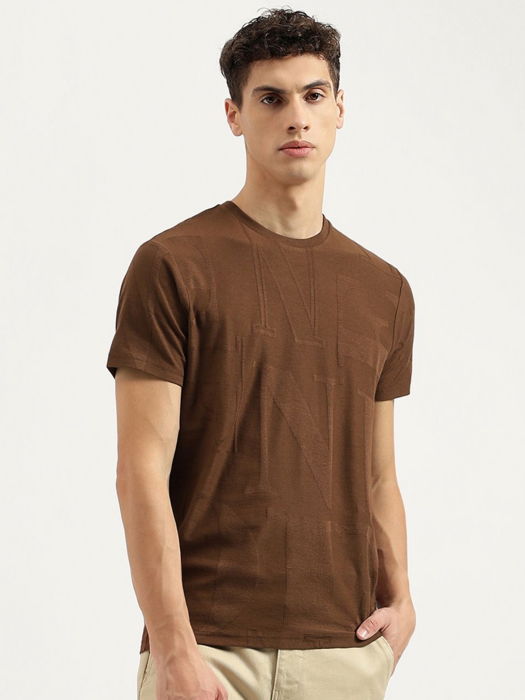 

United Colors of Benetton Men Self Design Round Neck Cotton T-shirt, Brown