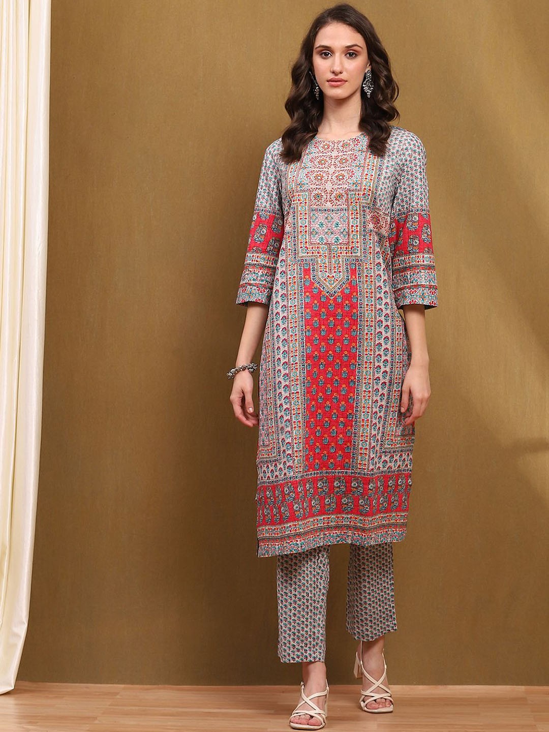 

Biba Ethnic Motifs Printed Mirror Work Pure Cotton Kurta With Harem Pants & Dupatta, Red