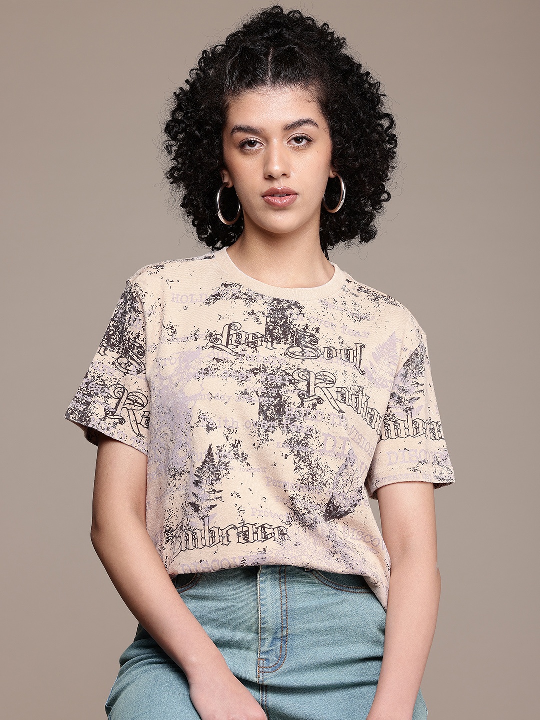 

The Roadster Life Co. Printed Drop-Shoulder Sleeves Pure Cotton Washed Boxy T-shirt, Beige