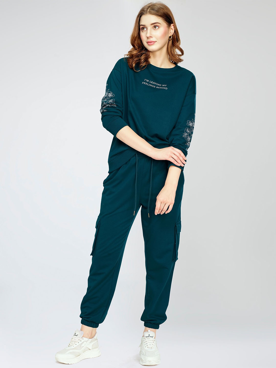 

Zeyo Printed Sweatshirts With Joggers Co-Ord, Teal