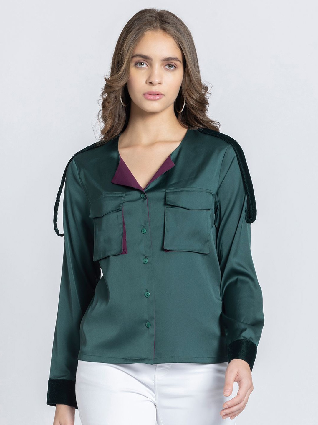 

SHAYE Women Relaxed Collarless Solid Satin Relaxed Fit Casual Shirt, Green