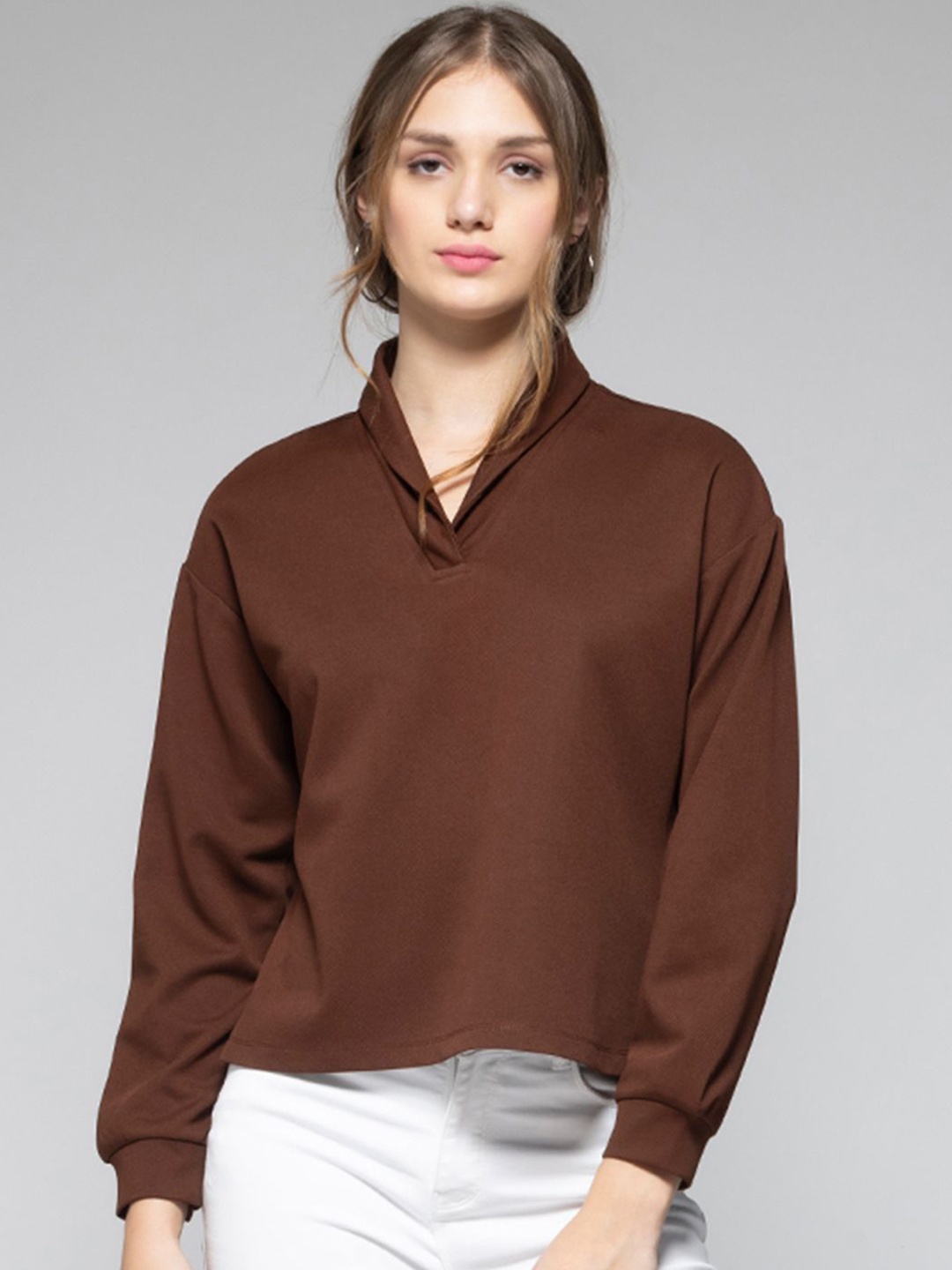 

SHAYE Women V-neck Long Sleeves Sweatshirt, Brown