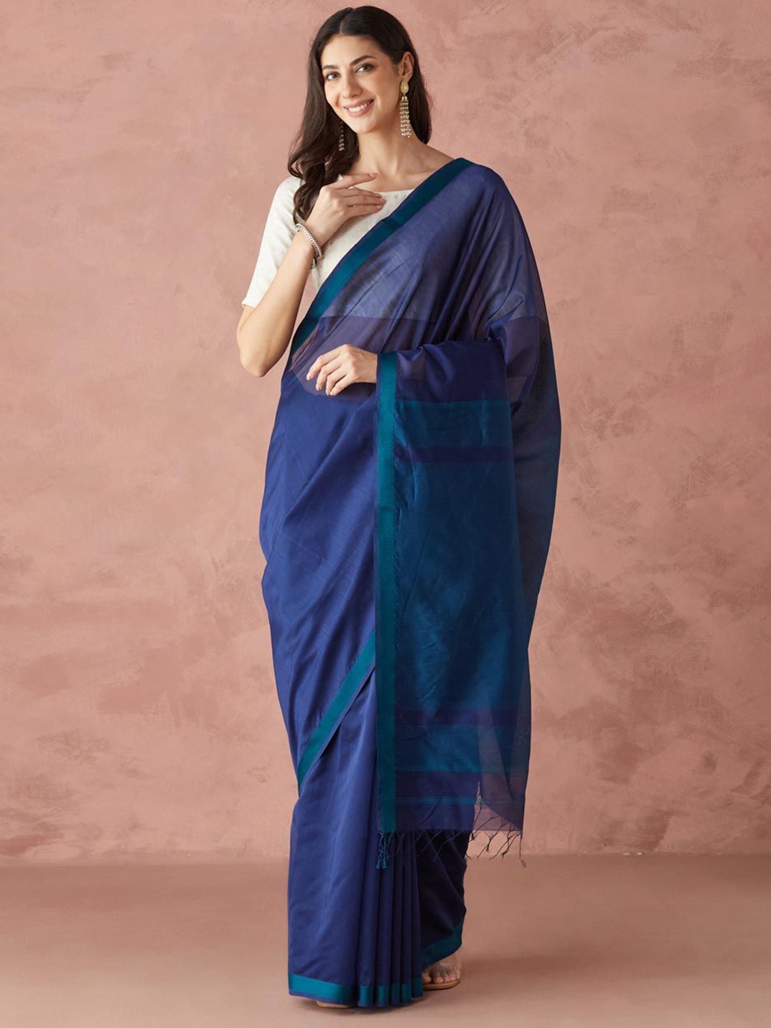 

Fabindia Navy Cotton Silk Maheshwari Woven Sari, Navy blue