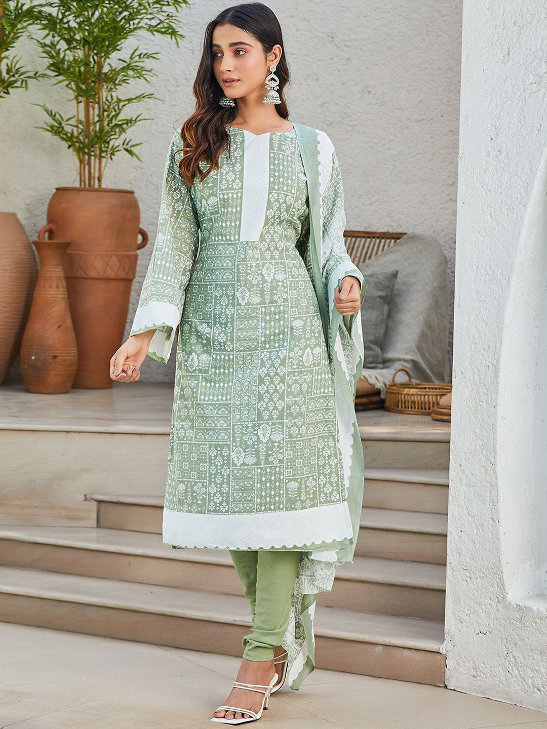 

Biba Floral Printed Unstitched Dress Material, Green