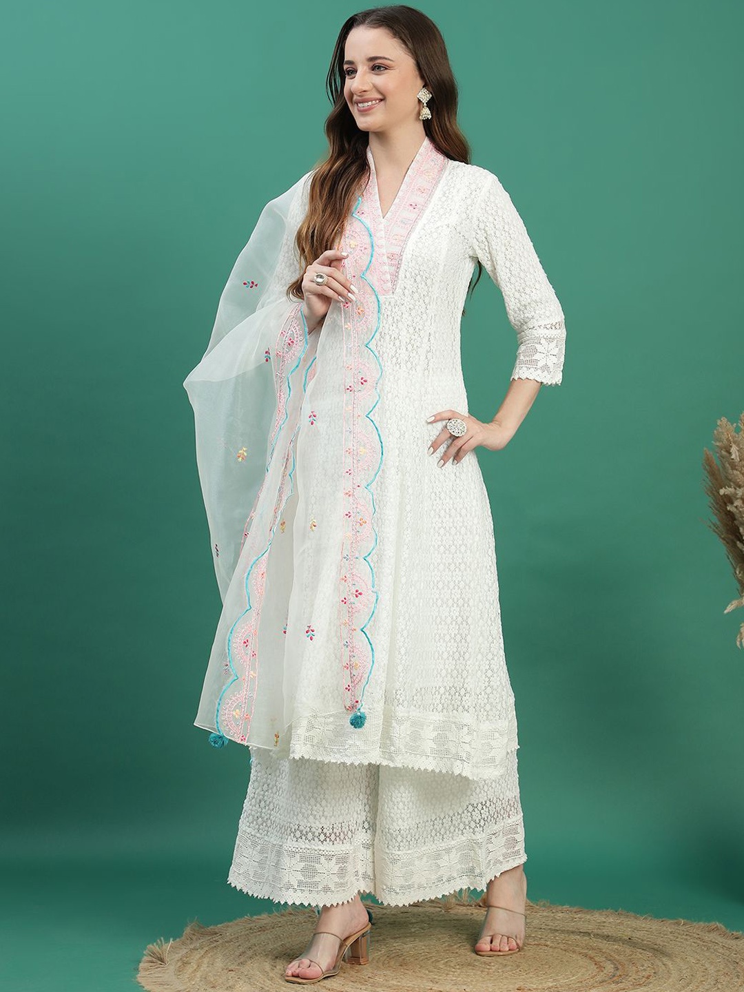 

Ramas Ethnic Motifs Embroidered Sequinned Kurta with Sharara & Dupatta, White