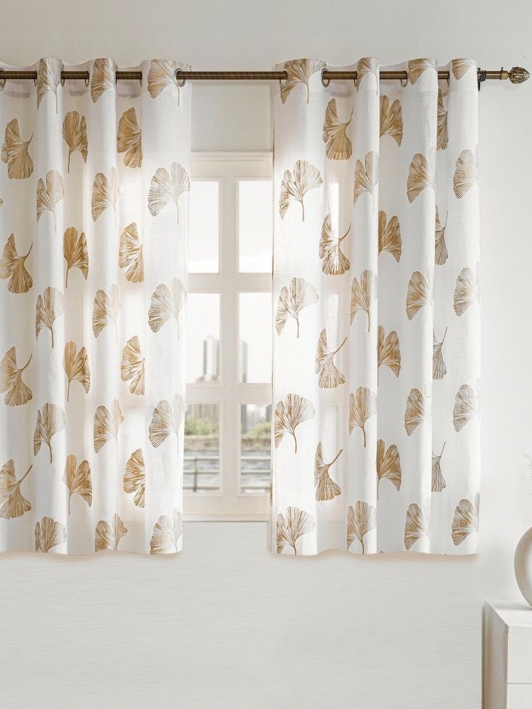 

HOMEMONDE Gold-Toned & White 2 Pieces Floral Printed Cotton Sheer Window Curtains