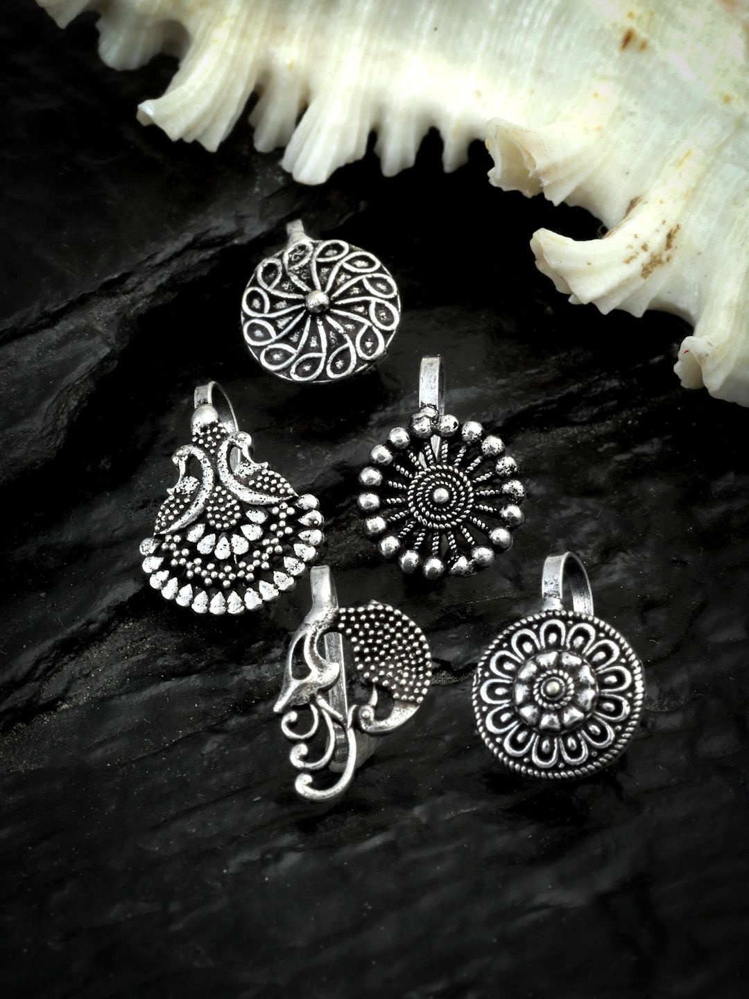 

Sanjog Set Of 5 Silver-Plated Oxidised Stud Nosepins