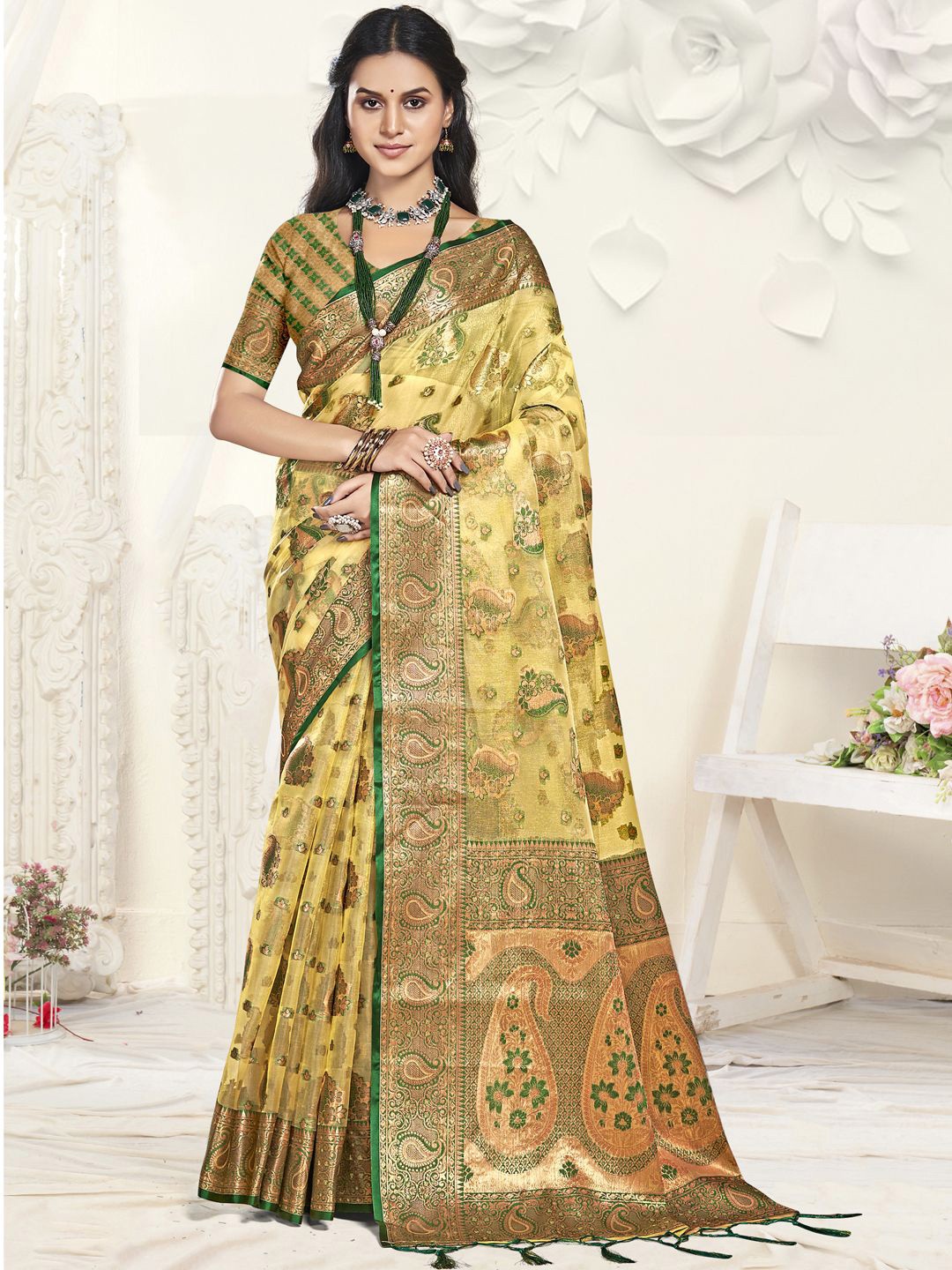 

Ishin Floral Zari Organza Saree, Yellow