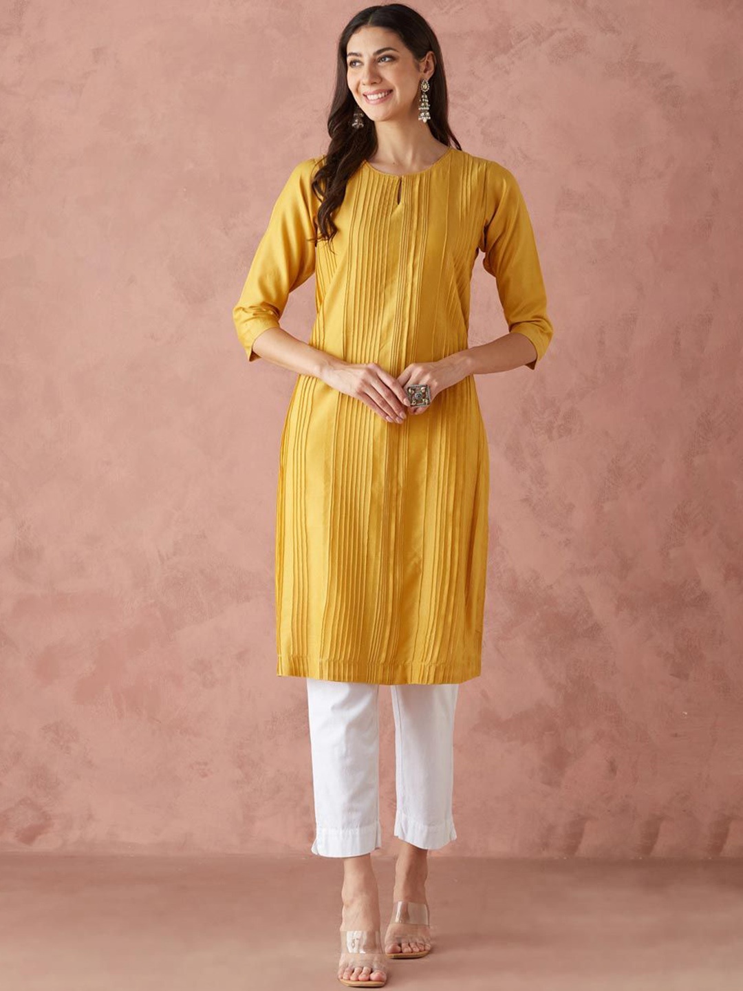

Fabindia Keyhole Neck Pleated Cotton Silk Straight Kurta, Mustard