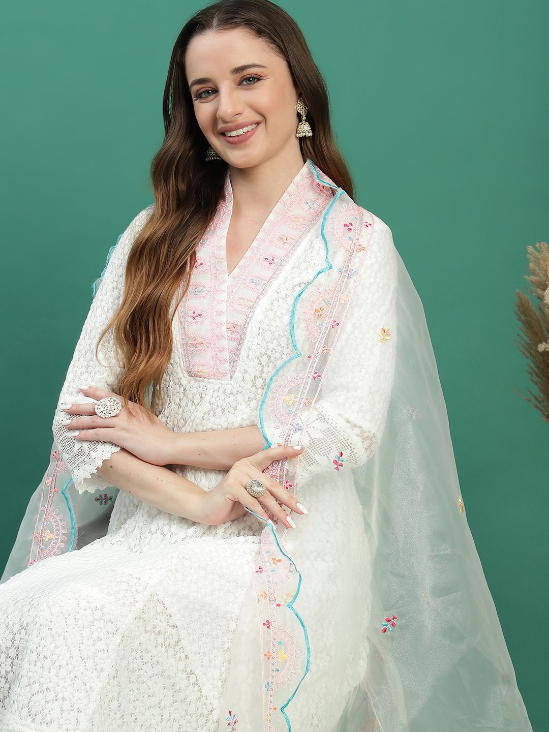 

Sangria Floral Embroidered Sequinned V-Neck A-Line Kurta With Palazzo & Dupatta, White