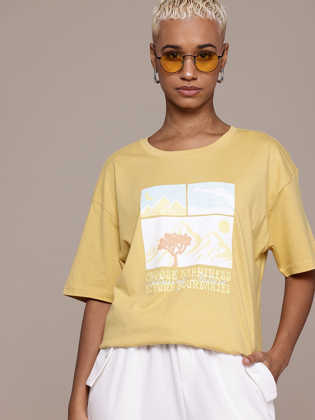 

The Roadster Lifestyle Co. Printed Pure Cotton Oversized T-shirt, Mustard