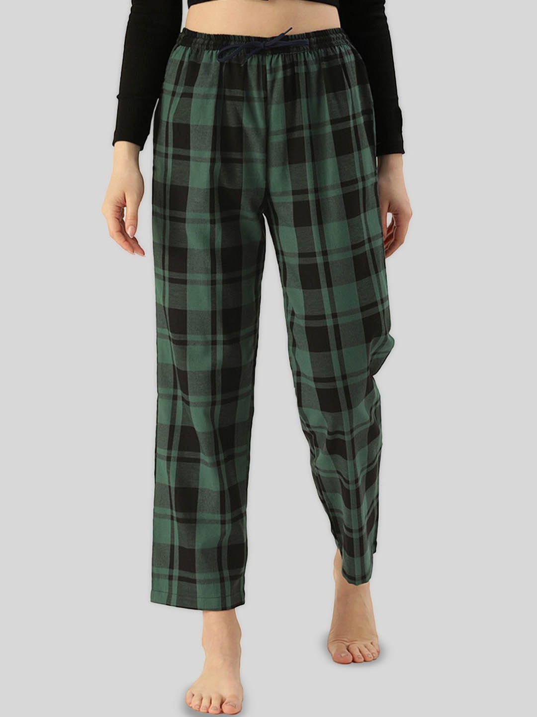 

Kryptic Women Checked Pure Cotton Relaxed- Fit Lounge Pants, Green