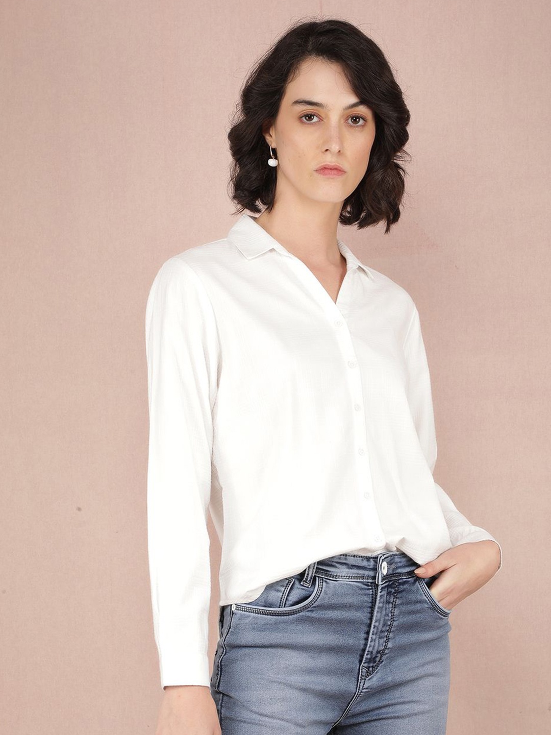 

Crimsoune Club Women Classic Spread Collar Solid Slim Fit Casual Shirt, White