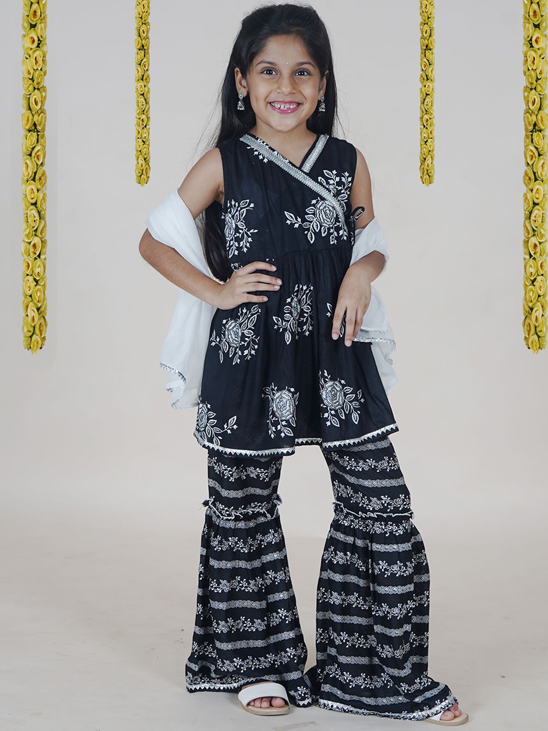 

KiddoPanti Girls Floral Printed Angrakha Anarkali Kurti With Sharara & Dupatta, Black