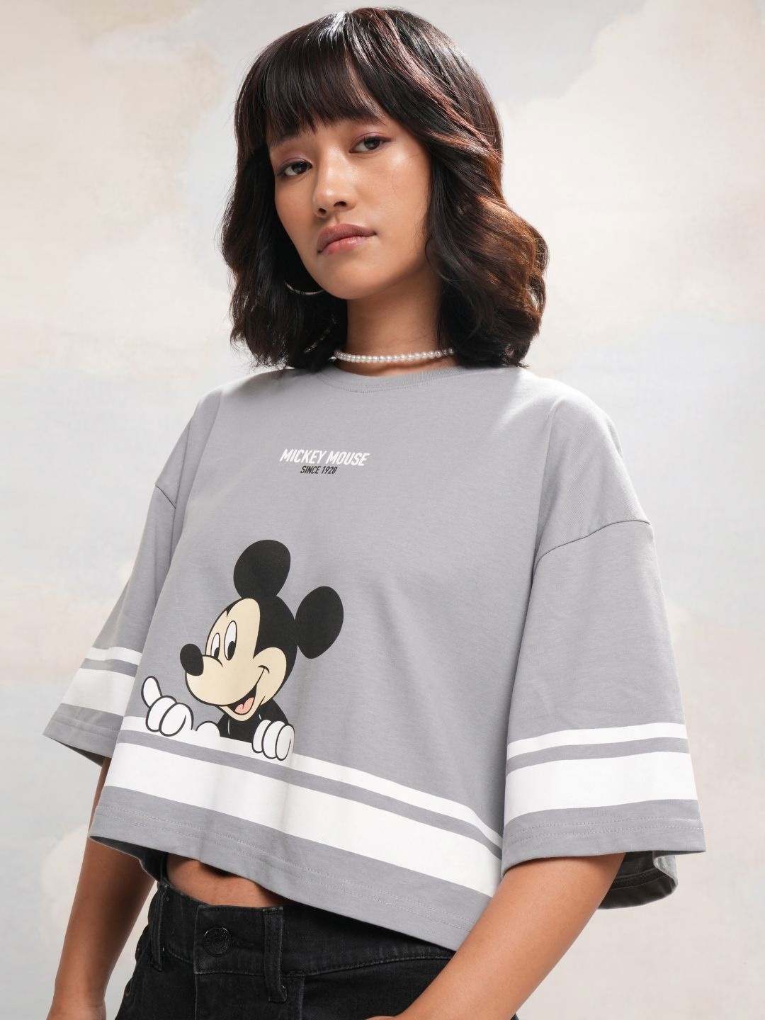 

Tokyo Talkies Women Mickey Mouse Printed Boxy Crop Tshirt, Grey