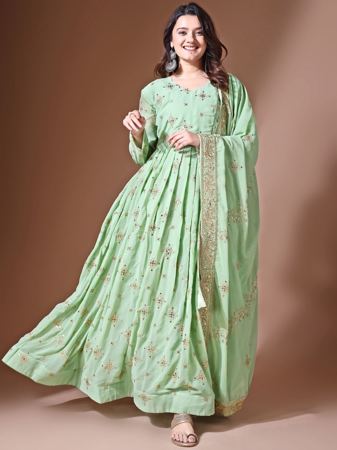 

KALINI Floral Embroidered Round Neck Gathered Georgette Maxi Ethnic Dress With Dupatta, Green