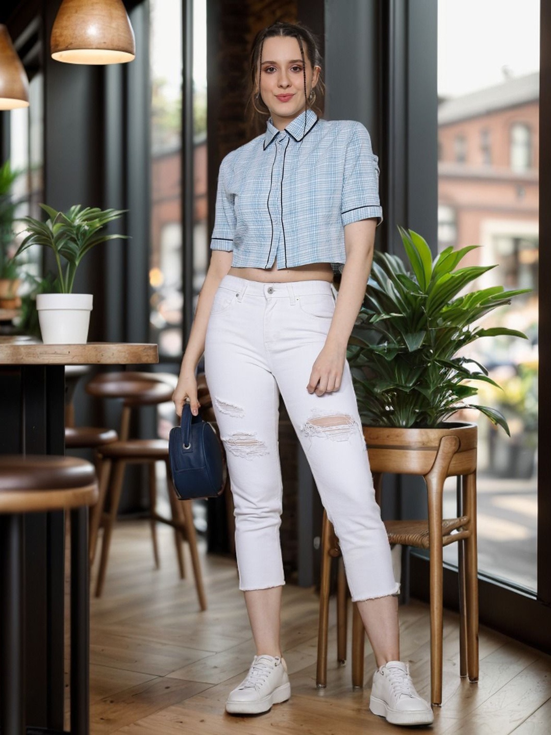 

DressBerry Women Classic Cutaway Collar Micro Checked Casual Shirt, Blue