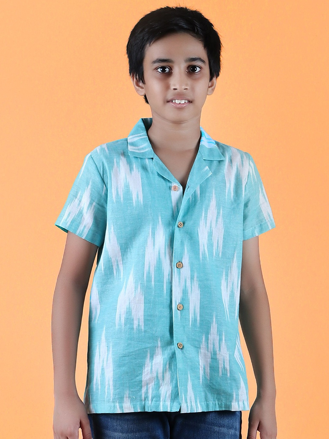 

TJORI Boys Cuban Collar Abstract Printed Cotton Casual Shirt, Blue