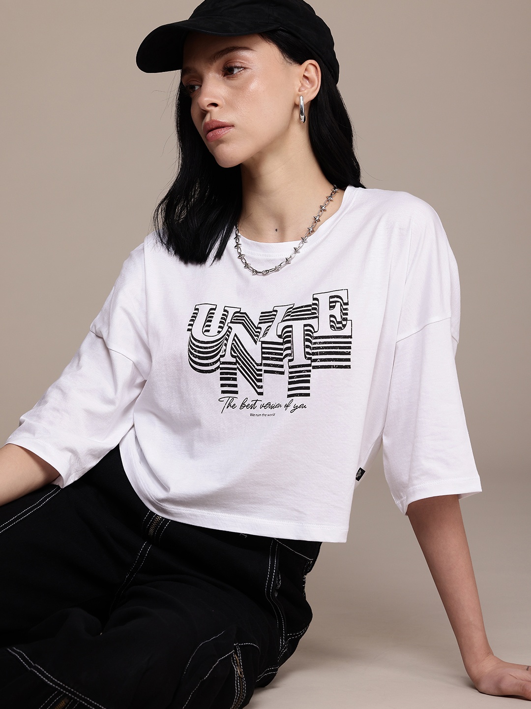 

The Roadster Life Co. Typography Printed Drop-Shoulder Sleeves Pure Cotton Boxy T-shirt, White