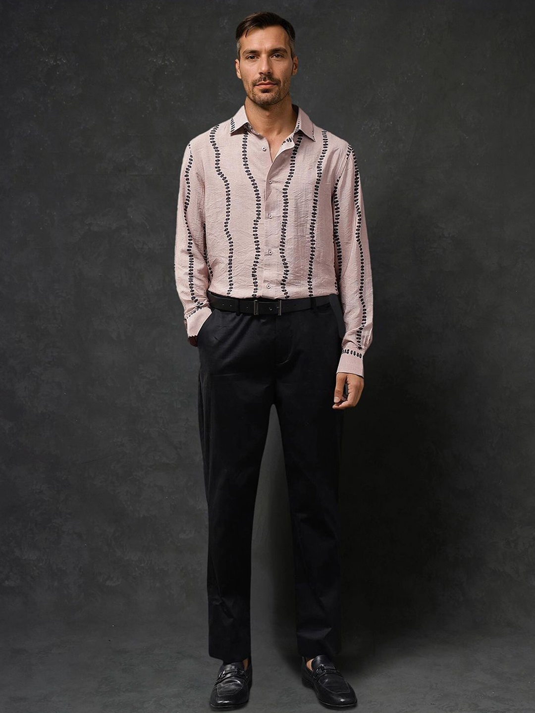 

RARE RABBIT Men Comfort Spread Collar Vertical Striped Cotton Casual Shirt, Beige