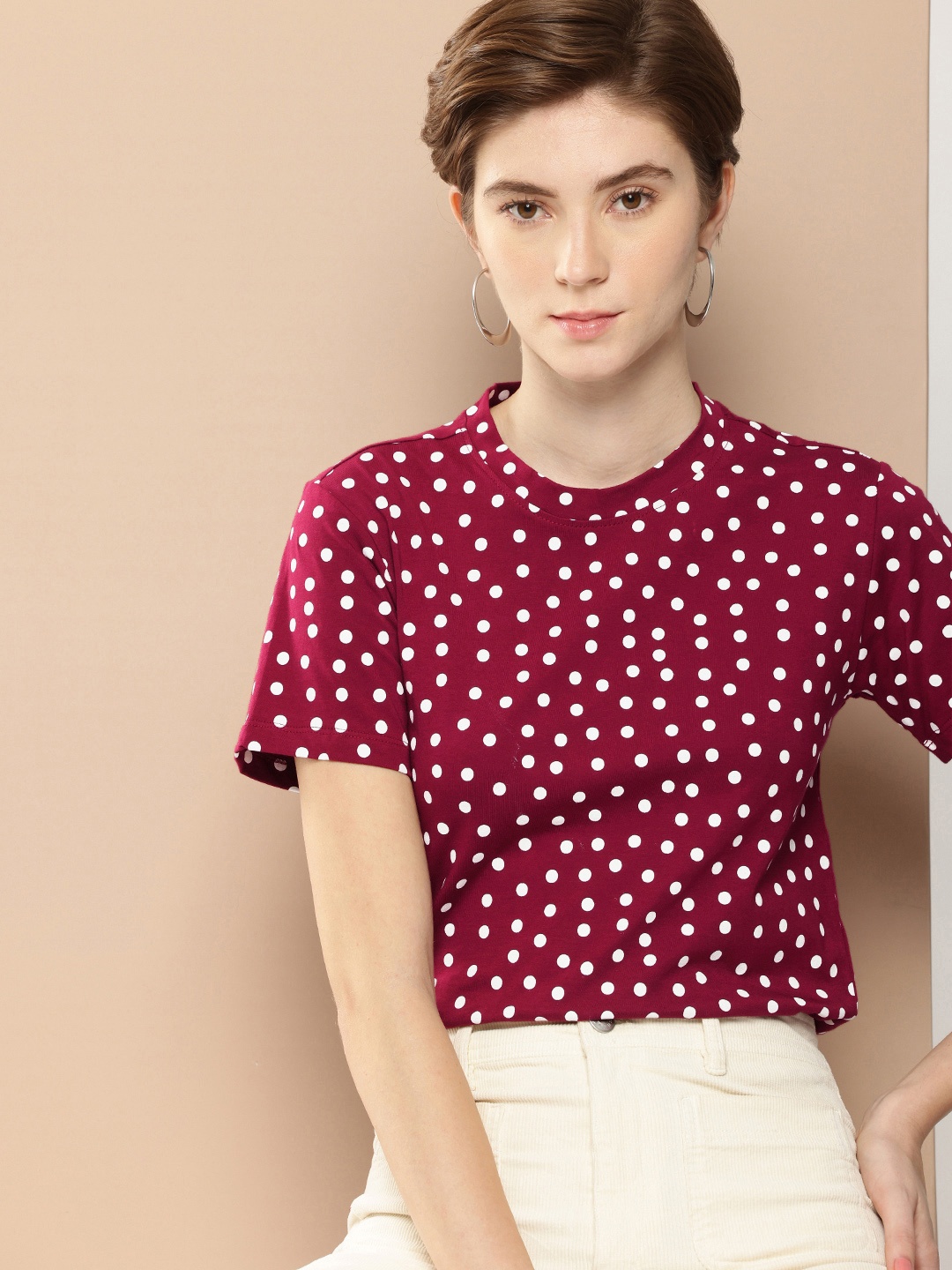 

her by invictus Polka Dot Printed Pure Cotton T-shirt, Maroon