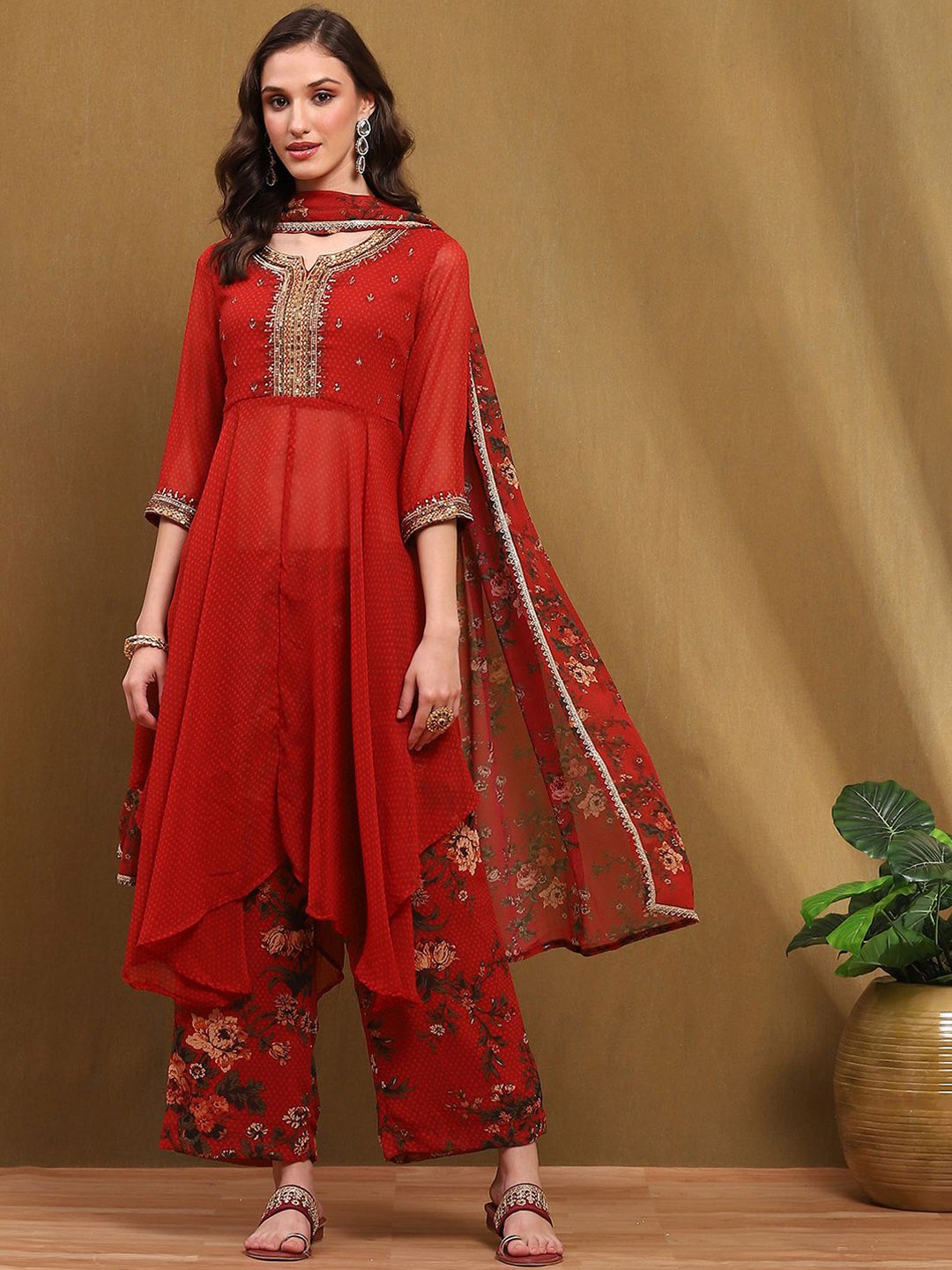 

Biba Women Ethnic Motifs Embroidered Thread Work A-Line Kurta With Palazzos & Dupatta, Red