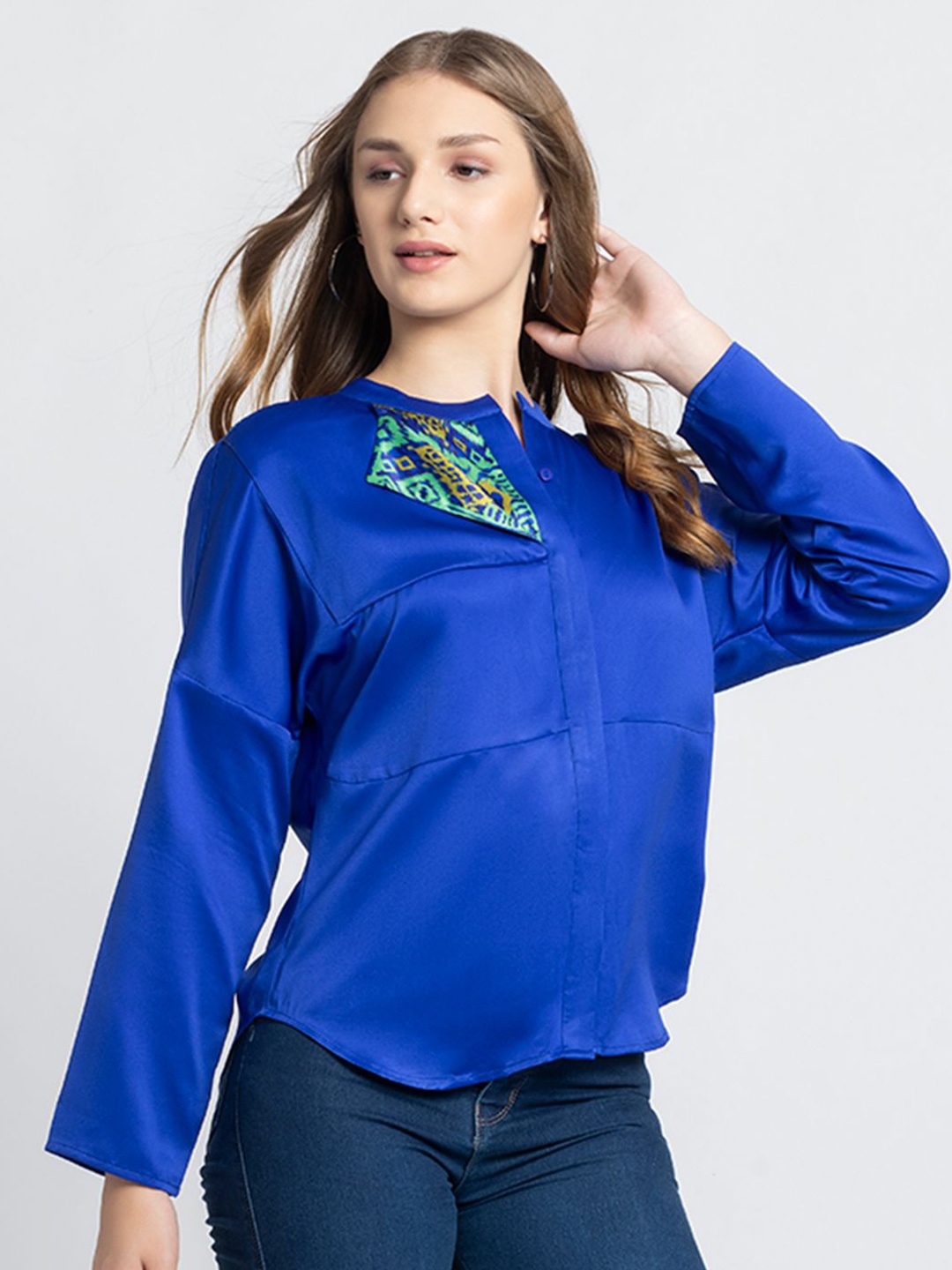 

SHAYE Women Relaxed Mandarin Collar Solid Satin Relaxed Fit Casual Shirt, Blue