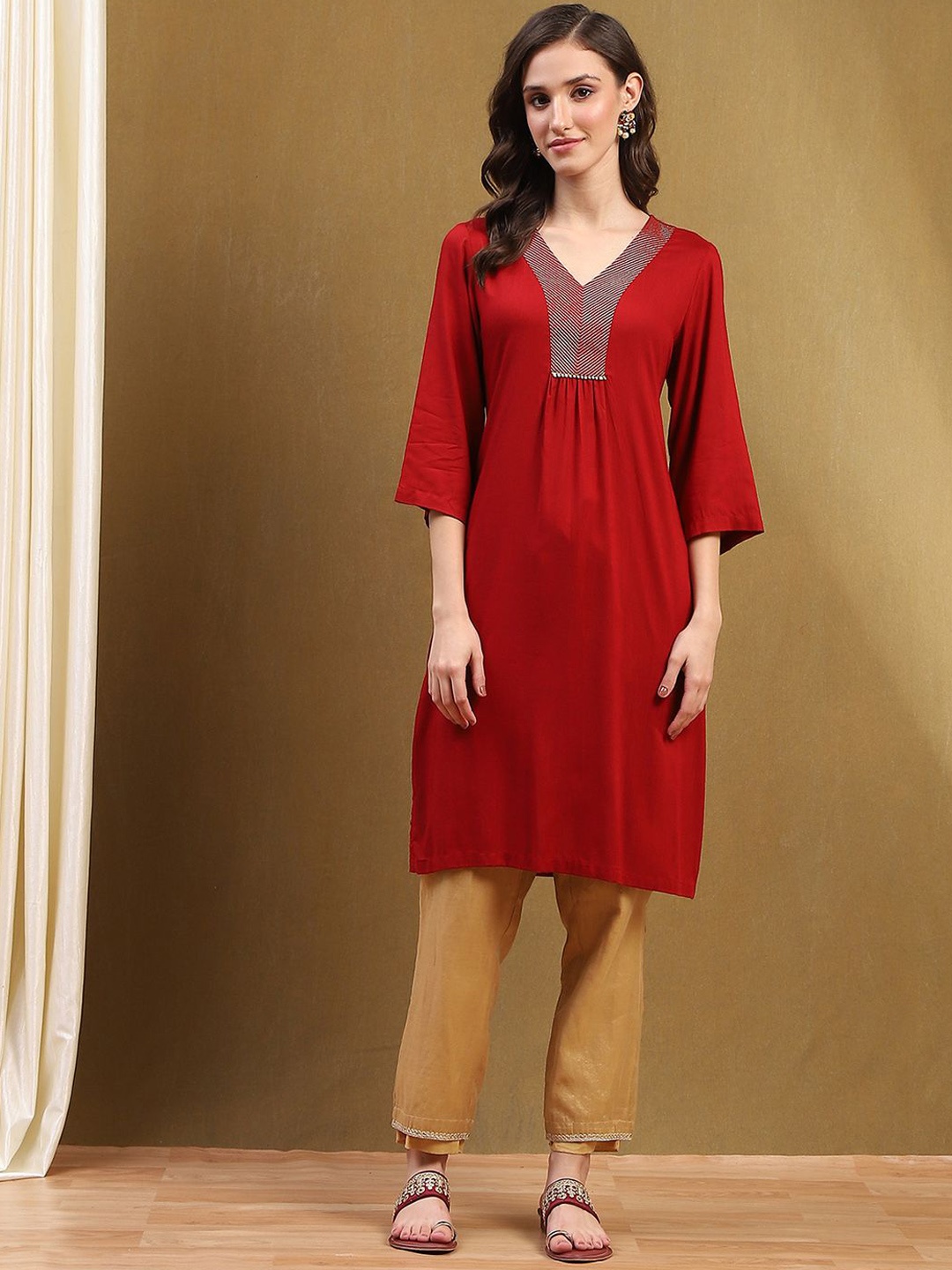 

Biba V-Neck Pleated Straight Kurta, Red