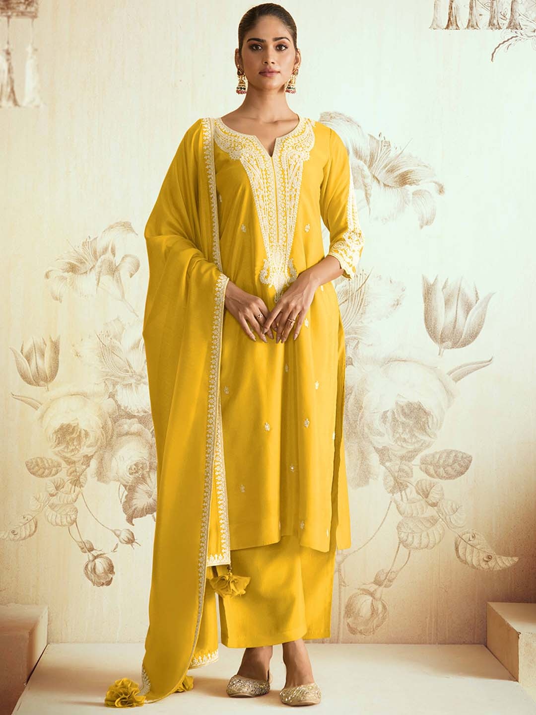 

KALINI Floral Yoke Design Thread Work Kurta With Trousers & Dupatta, Yellow