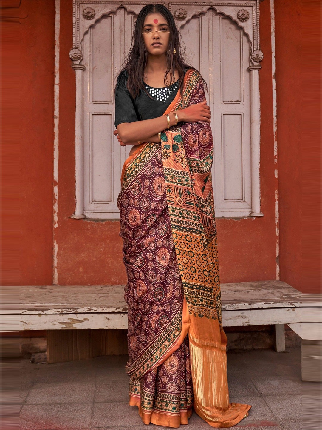 

MySilkLove Ajrak Block Satin Saree, Brown