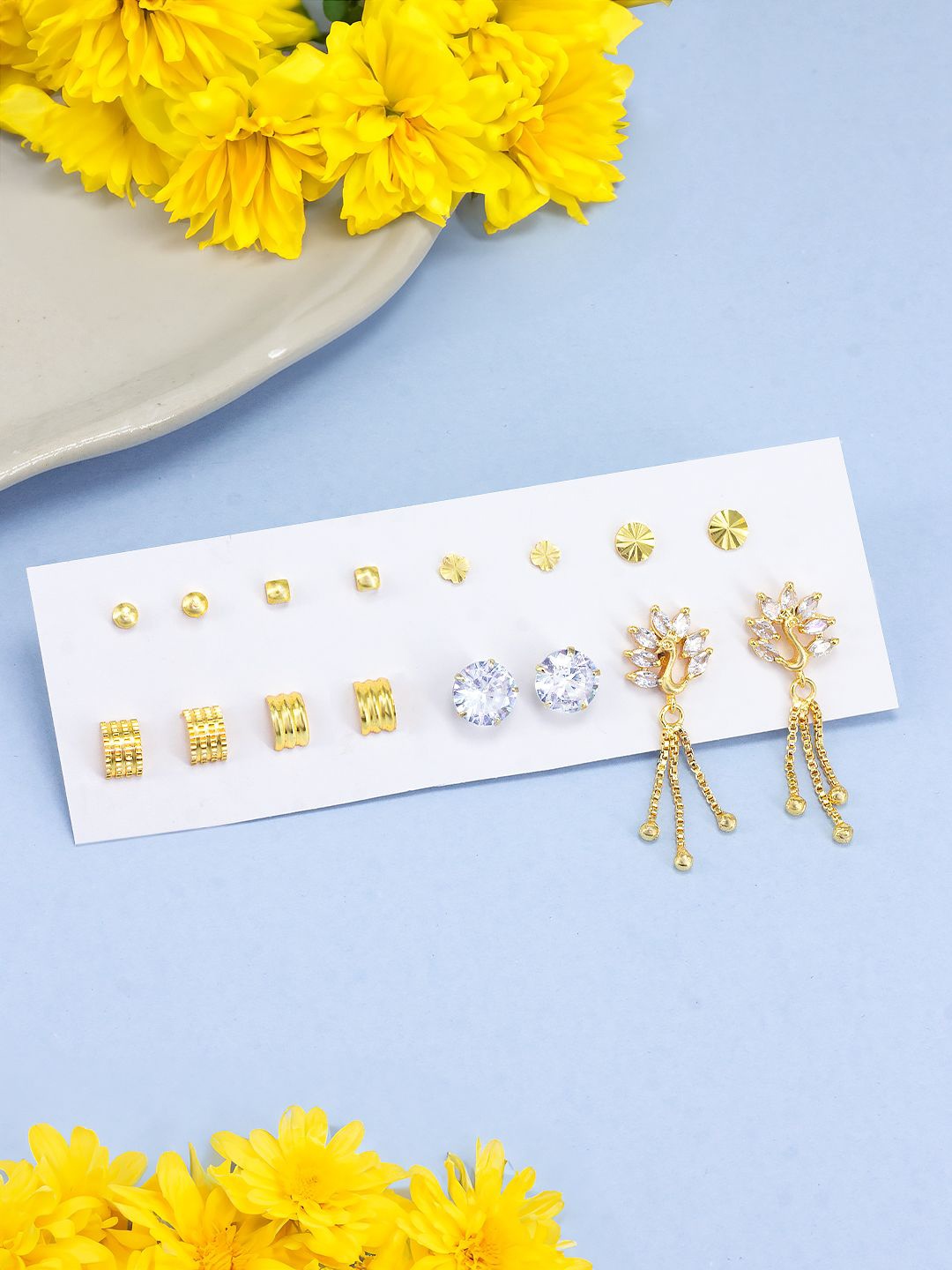 

PRIVIU Set of 8 Gold Plated Peacock Shaped American Diamond Studs Earrings