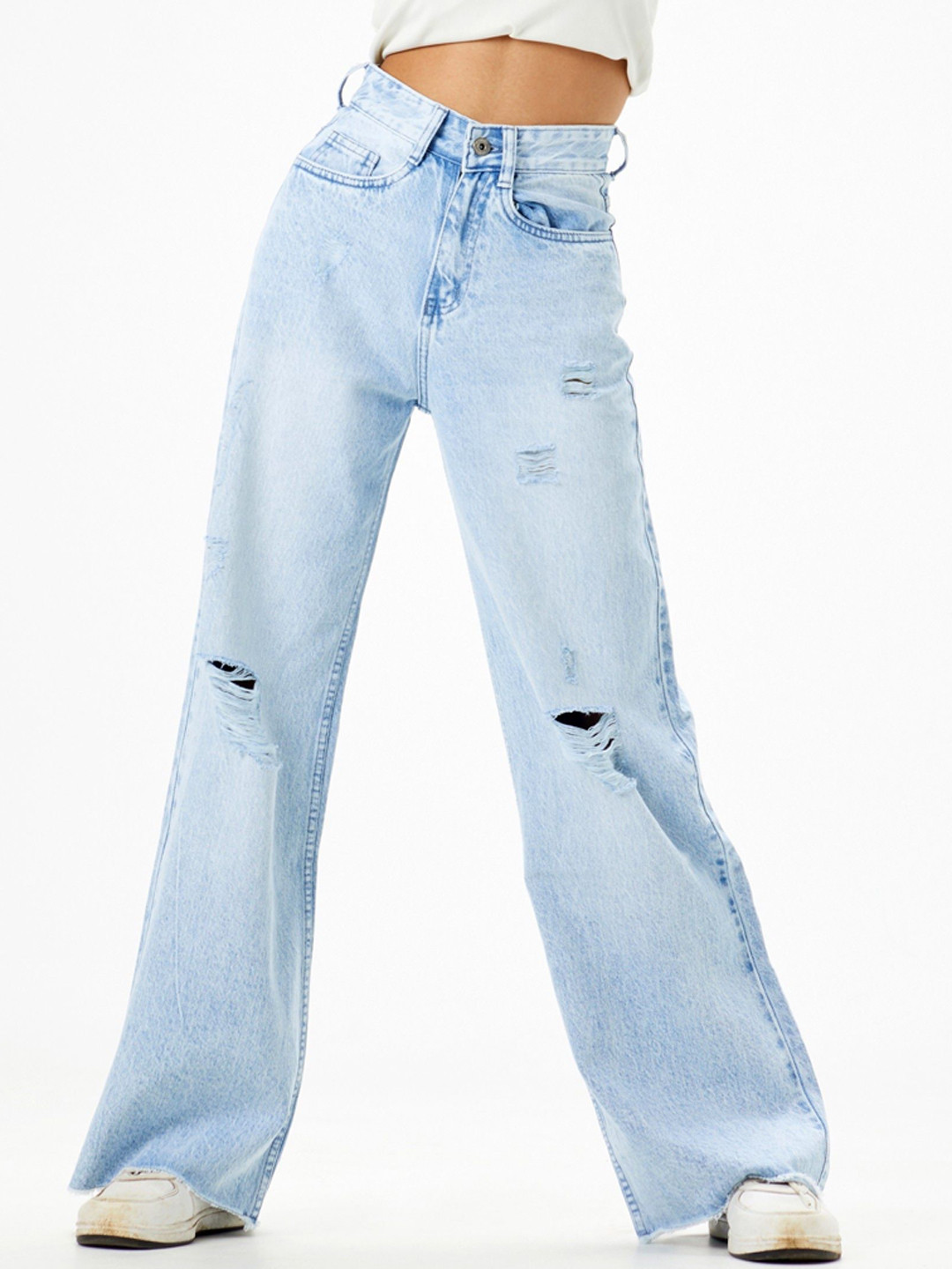 

Madish Women Wide Leg High-Rise Distressed Jeans, Blue