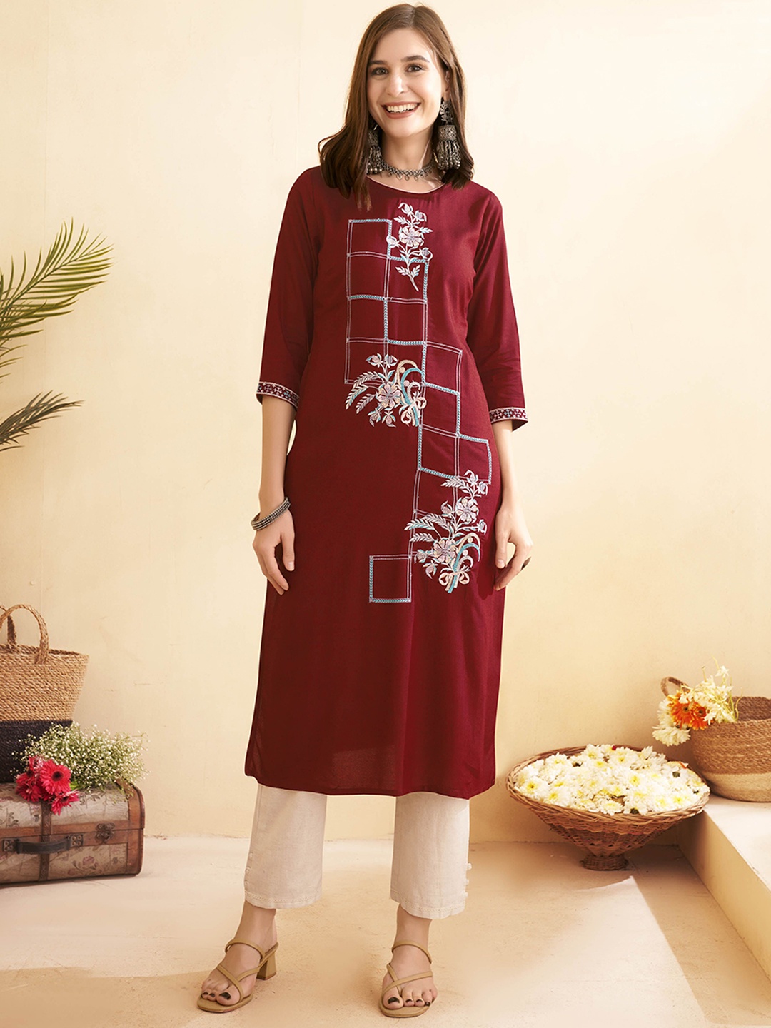 

Anouk Maroon Floral Printed Round Neck Thread Work Liva Straight Kurta