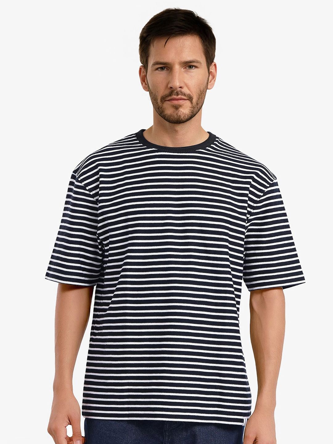 

RARE RABBIT Men Striped Round Neck Cotton Relaxed Fit T-shirt, Navy blue