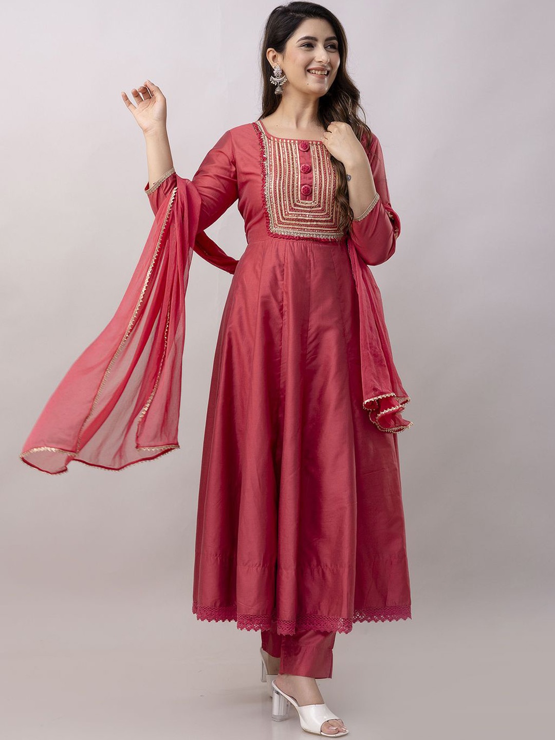

KALINI Embroidered Yoke Design Sequinned Pure Silk A-Line Kurta with Trouser & Dupatta, Red