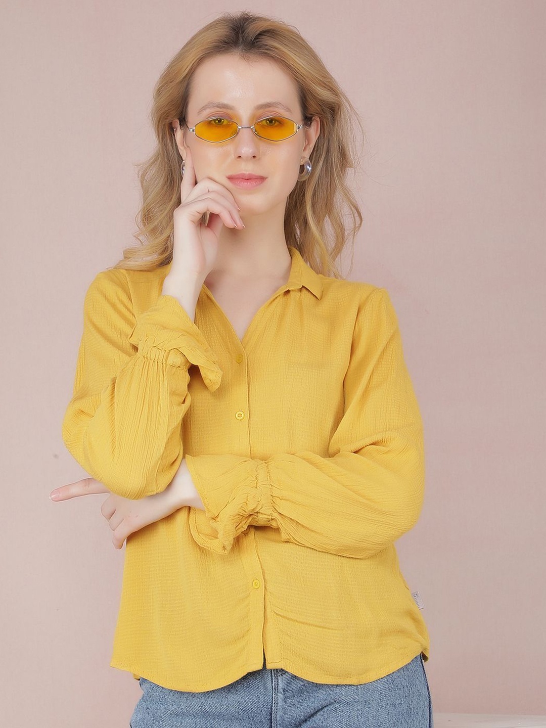

Crimsoune Club Women Classic Spread Collar Solid Slim Fit Casual Shirt, Yellow