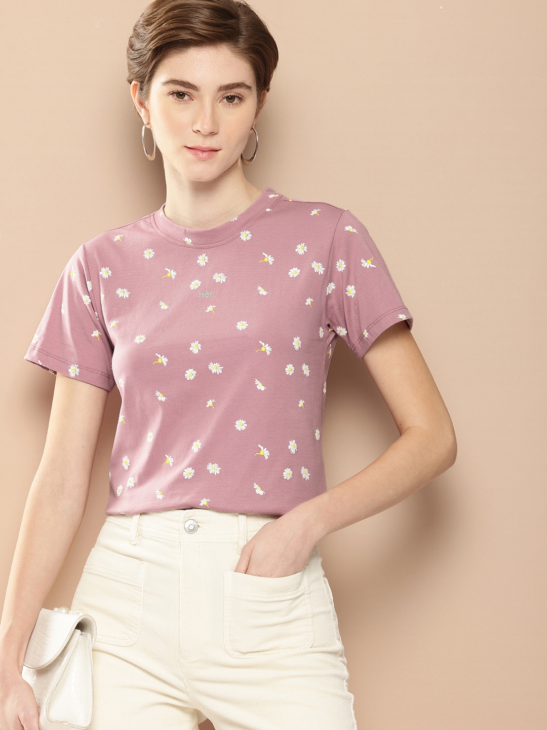 

her by invictus Floral Printed Pure Cotton T-shirt, Mauve