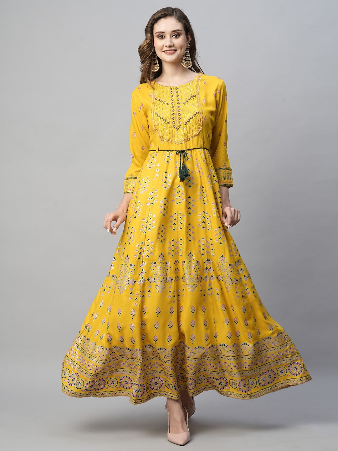 

White World Women Ethnic Motifs Printed Maxi Dress, Yellow