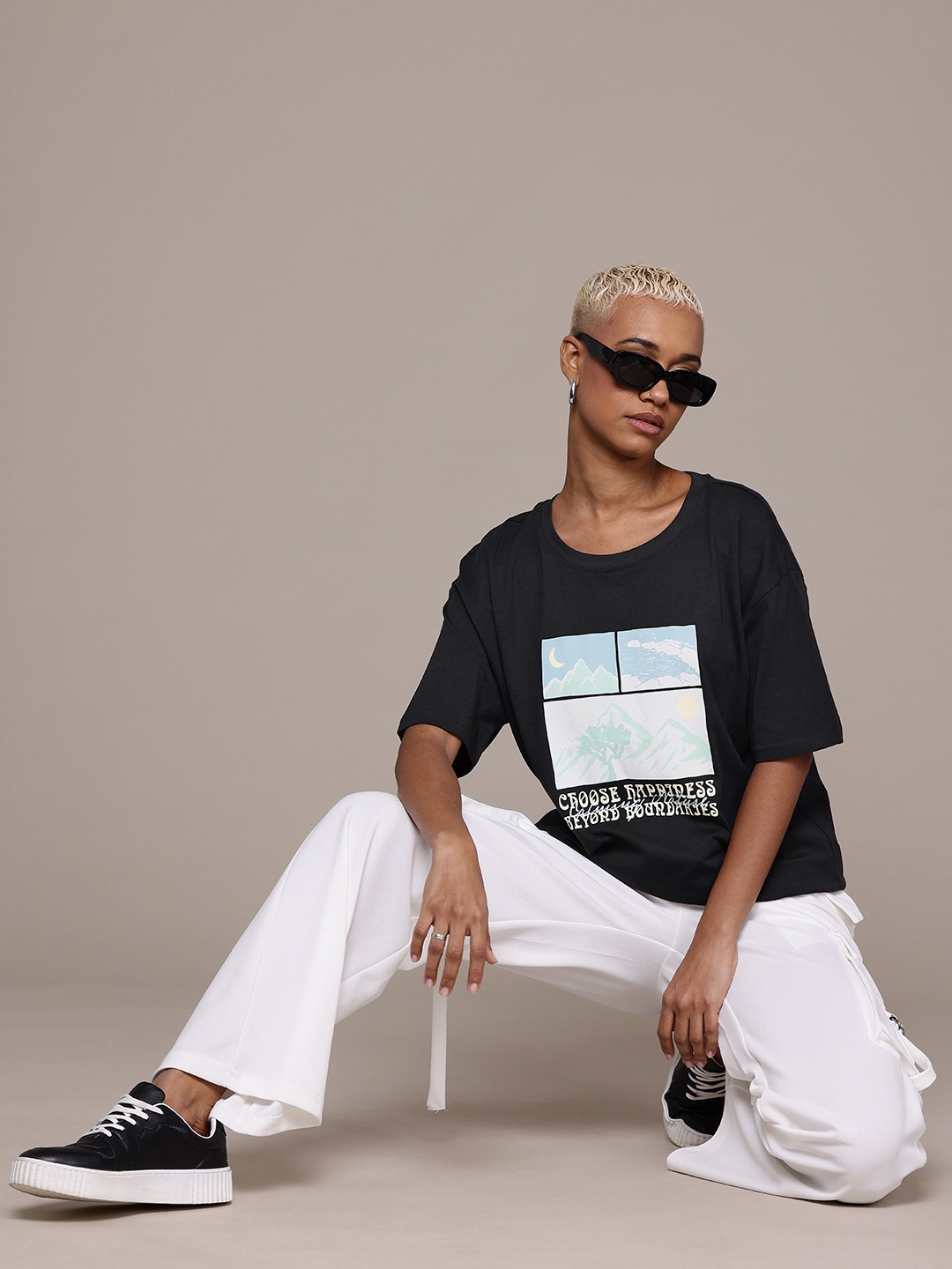 

The Roadster Lifestyle Co. Printed Pure Cotton Oversized T-shirt, Black