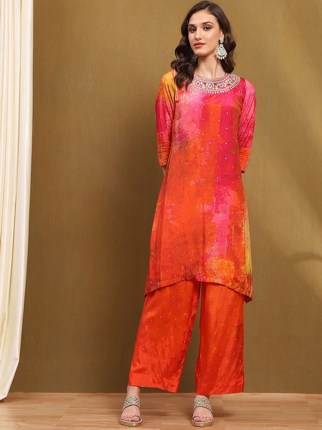 

Biba Ethnic Motifs Printed Thread Work Straight Kurta With Palazzos, Fuchsia