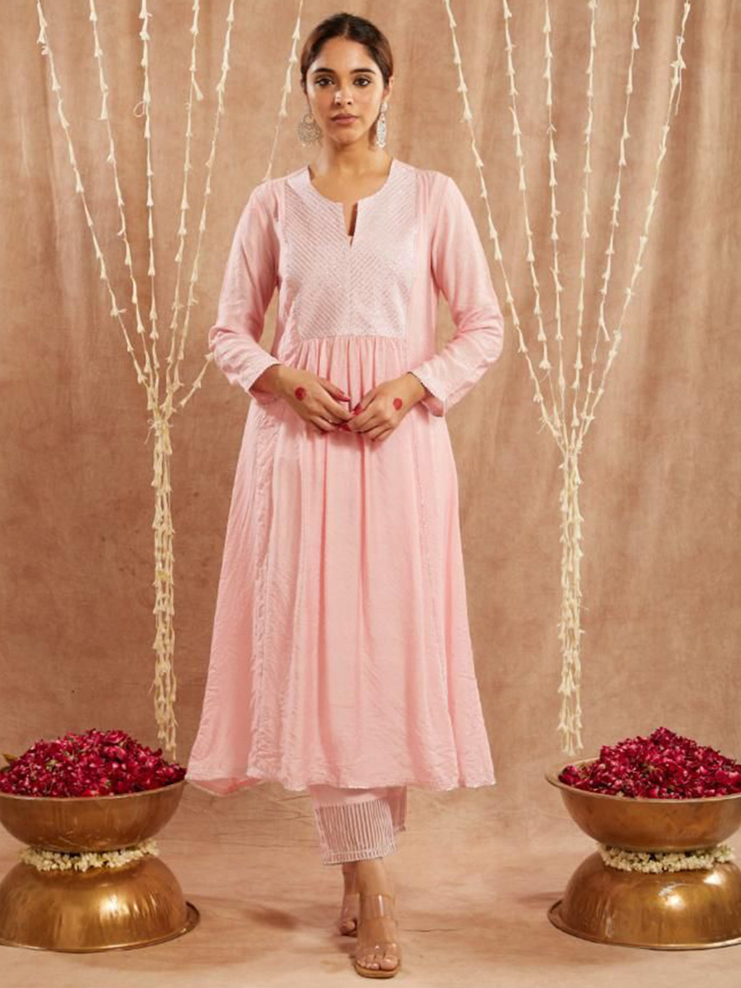 

NERO Striped Gotta Patti Chanderi Silk A-Line Kurta, Pink