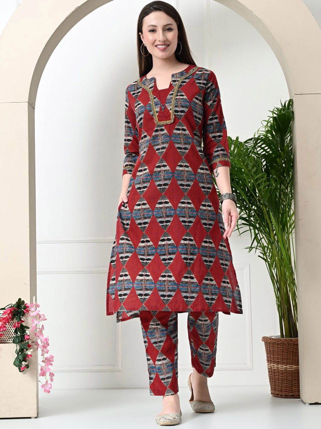

Sangria Red Ethnic Motifs Printed Gotta Patti Pure Cotton Kurta With Trousers