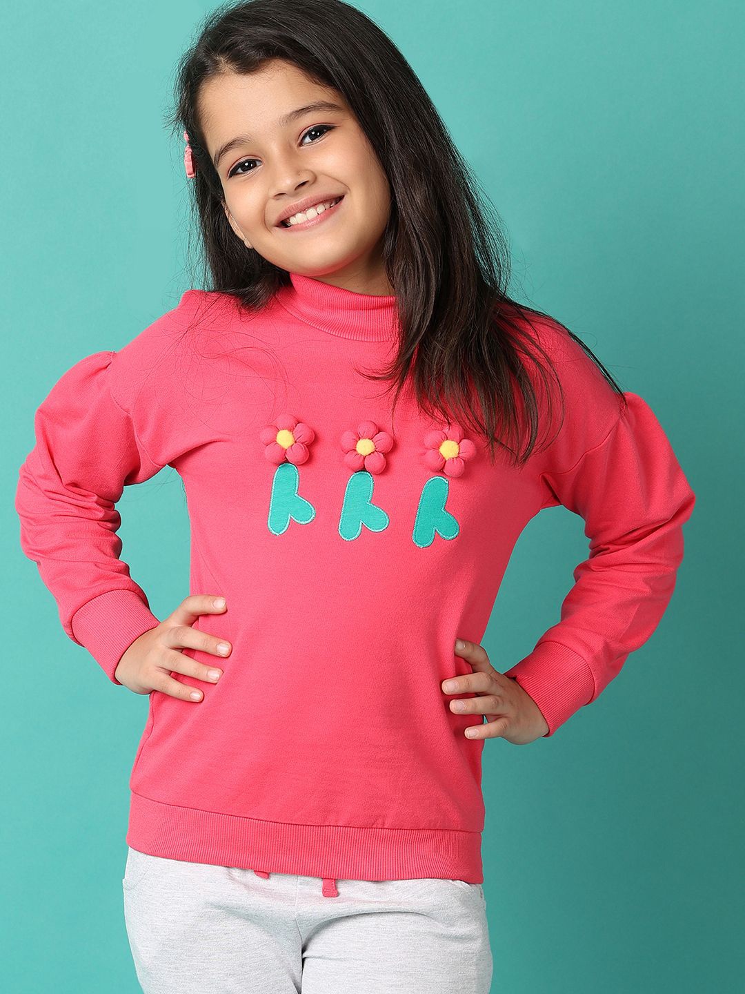 

V-Mart Girls Printed High Neck Pure Cotton T-shirt with Trousers, Pink