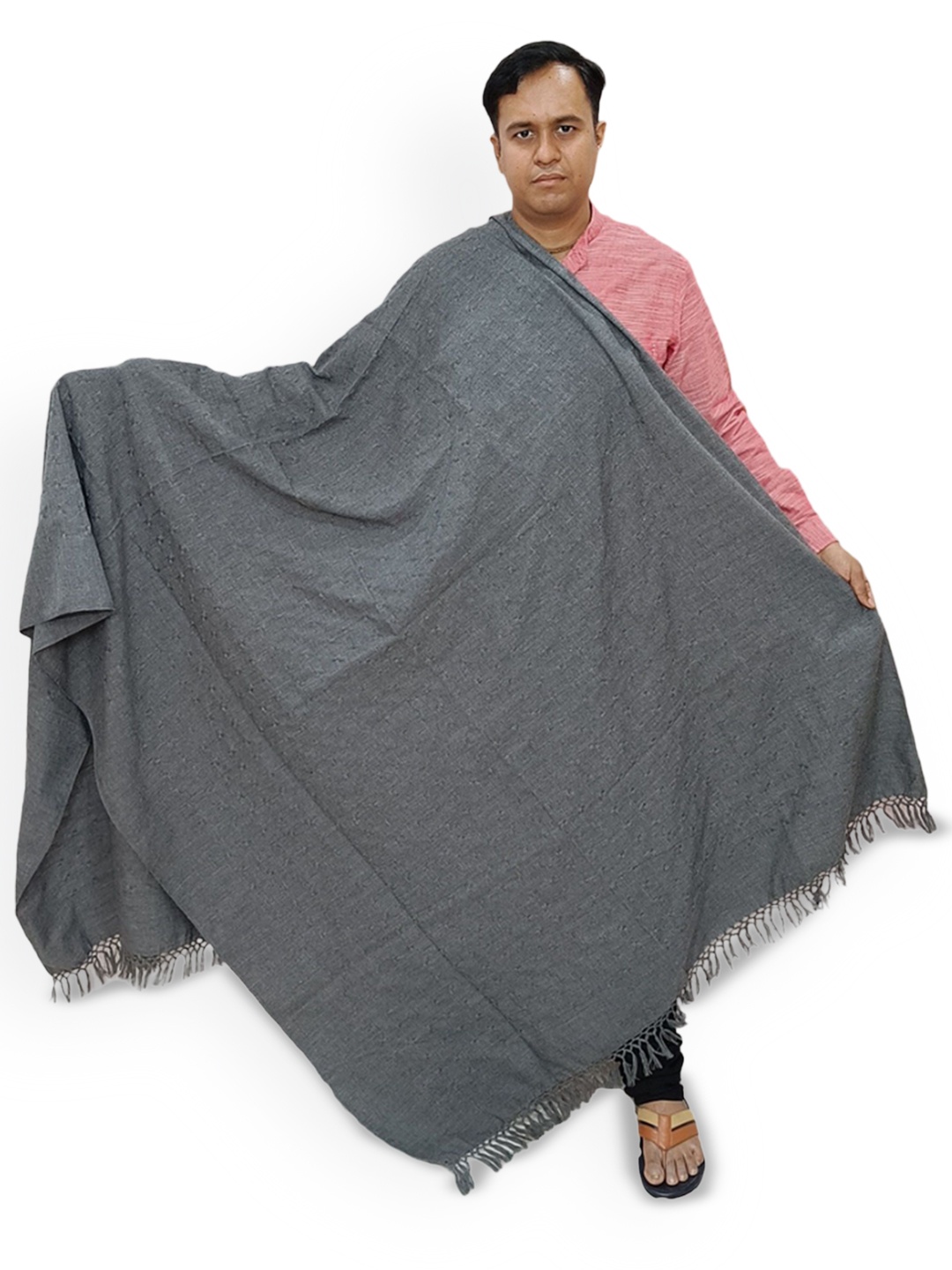 

Vrinde Tasselled Bordered Woollen Shawl, Grey